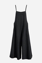 Black cotton blend comfort jumpsuit with wide-leg design and adjustable straps