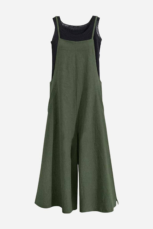 Olive green cotton blend comfort jumpsuit with wide legs and sleeveless design on black tank top background