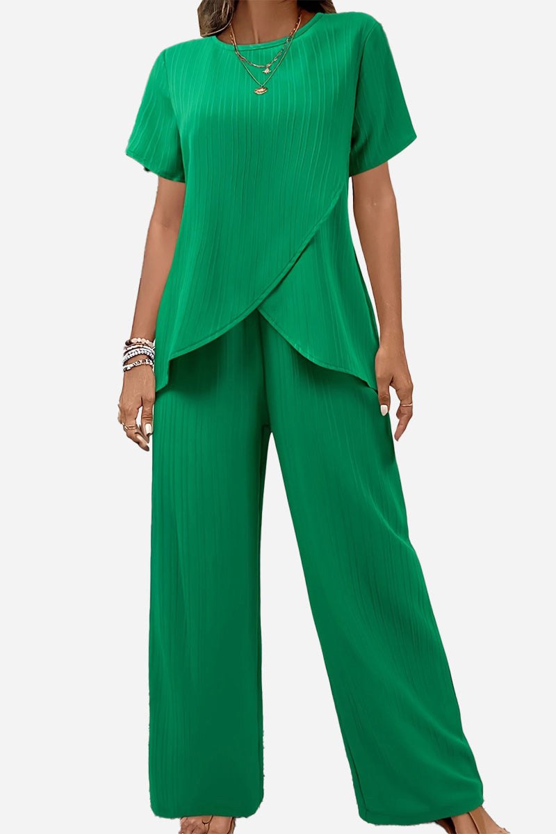 Green textured elegance two-piece set with asymmetrical top and wide-leg pants for comfortable, stylish wear