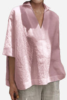 Cotton-Linen V-Neck relaxed fit breathable pink shirt for women
