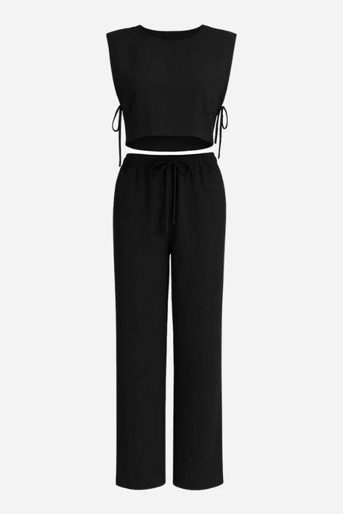 Breathable cotton-linen blend black sleeveless crop top and wide-leg pants two-piece set