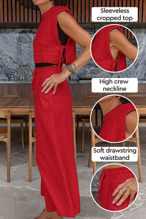 Breathable cotton-linen sleeveless cropped top and wide-leg pants set in red with high crew neckline and soft drawstring waistband.