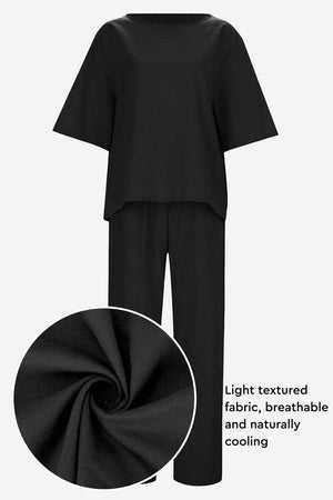 Black cotton-linen blend breathable two-piece set with relaxed fit and natural cooling fabric texture