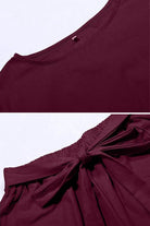 Cotton-linen blend monochrome two-piece set in deep burgundy with soft, breathable fabric and relaxed fit.