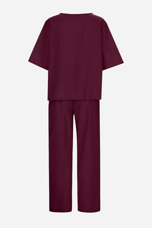 Cotton-linen blend monochrome two-piece set with relaxed fit in deep burgundy color