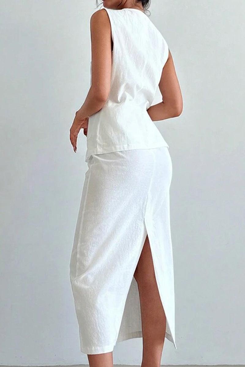White cotton-linen blend sleeveless vest and high-waisted skirt two-piece set with back slit
