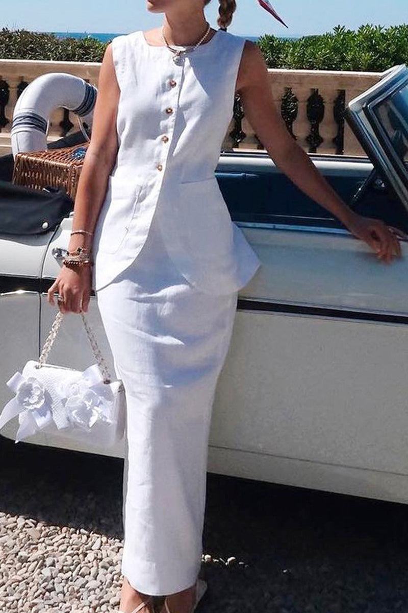 Woman wearing white cotton-linen blend sleeveless vest and high-waisted skirt two-piece outfit standing next to a vintage car