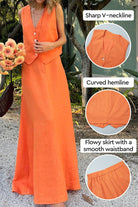 Woman wearing vibrant orange cotton-linen blend two-piece set with sharp V-neckline vest and flowy skirt with curved hem and smooth waistband outdoors
