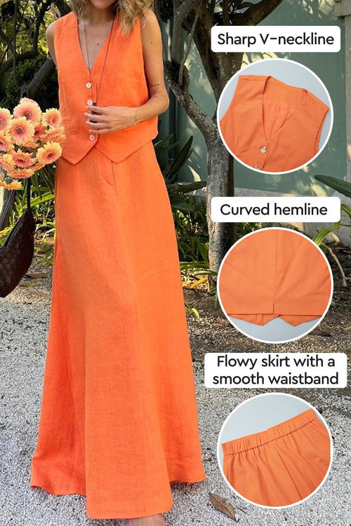Woman wearing vibrant orange cotton-linen blend two-piece set with sharp V-neckline vest and flowy skirt with curved hem and smooth waistband outdoors