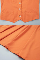 Cotton-linen blend Mediterranean sunset orange two-piece vest and flowing skirt set close-up details