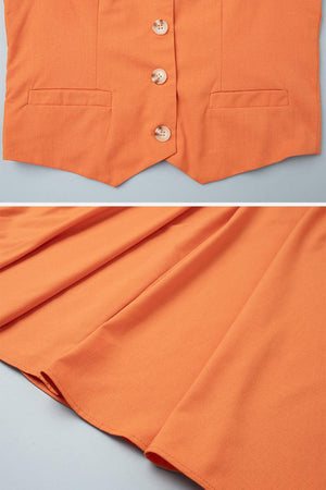 Cotton-linen blend Mediterranean sunset orange two-piece vest and flowing skirt set close-up details