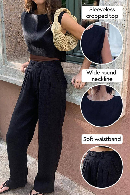 Black cotton-linen blend two-piece set with sleeveless cropped top and wide-leg pants, featuring wide round neckline and soft waistband for summer wear
