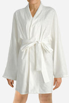 White cotton-linen blend luxury spa robe with kimono cut and belt closure