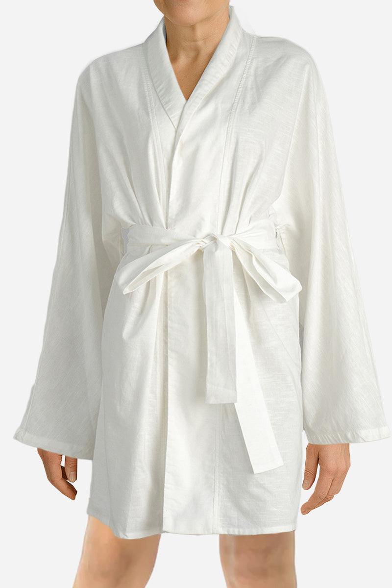 White cotton-linen blend luxury spa robe with kimono cut and belt closure
