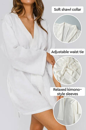 Cotton-linen blend luxury spa robe with soft shawl collar, adjustable waist tie, and relaxed kimono-style sleeves in white.