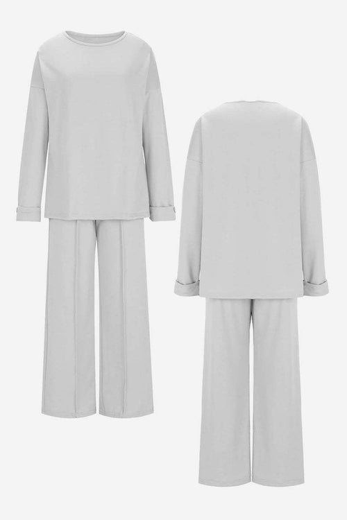 Light grey comfortable travel-ready two-piece set with relaxed top and wide-leg pants shown front and back view