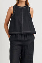 Cotton-linen relaxed two-piece set with split-back top and wide-leg trousers in black