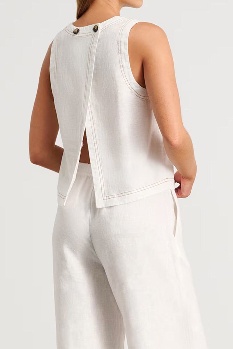 Cotton-linen relaxed two-piece set with back slit and wide-leg trousers in white