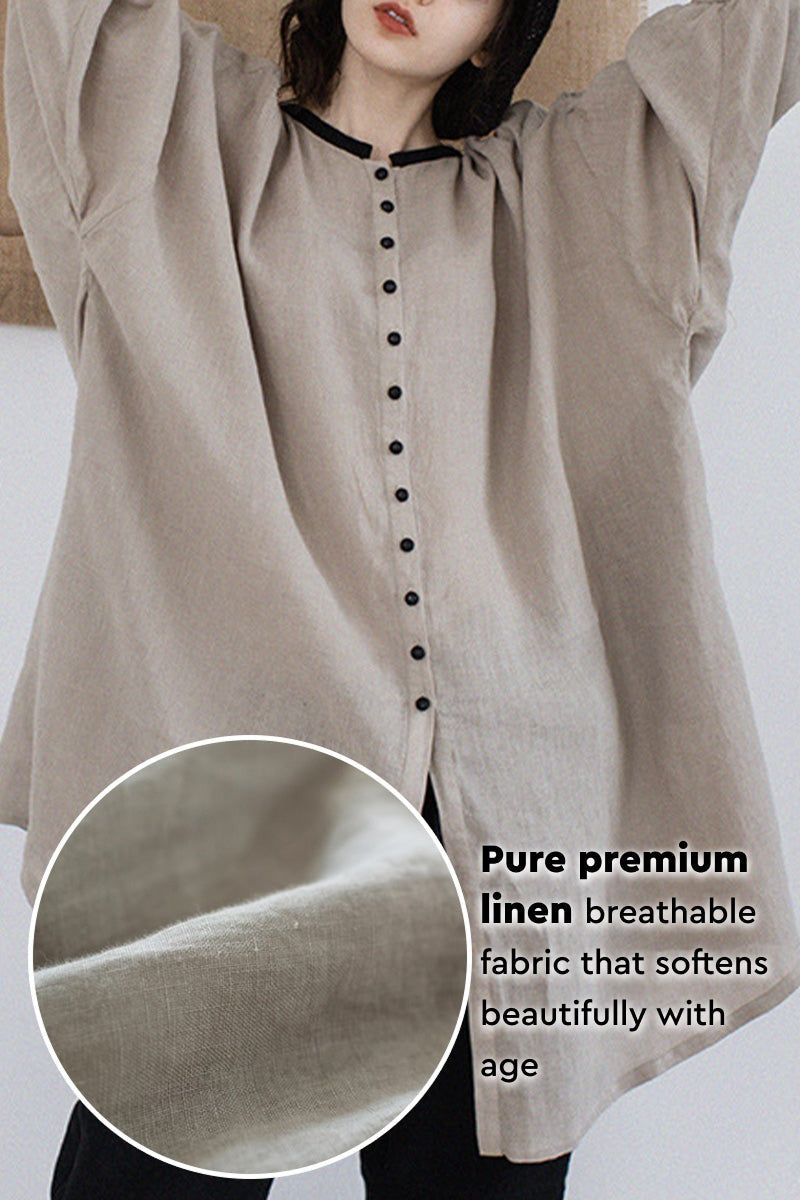 100 linen oversized button-down tunic in breathable soft grey fabric with black buttons and flowy sleeves