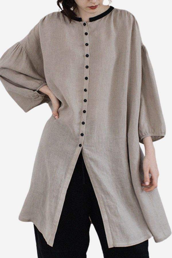 100% linen oversized button-down tunic in neutral grey with flowy sleeves and contrast buttons
