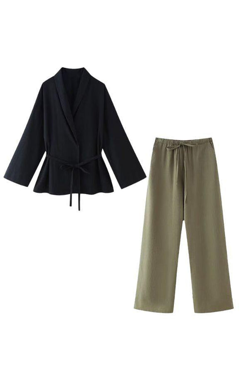 Versatile black wrap top with belt and olive wide-leg pants mix-match lounge-to-travel set
