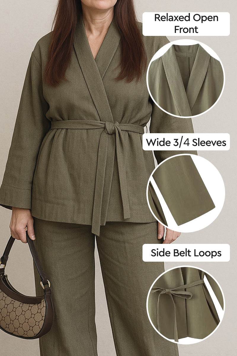 Women wearing olive green Mix-Match Lounge-to-Travel Set with relaxed open front, wide 3/4 sleeves, and side belt loops.