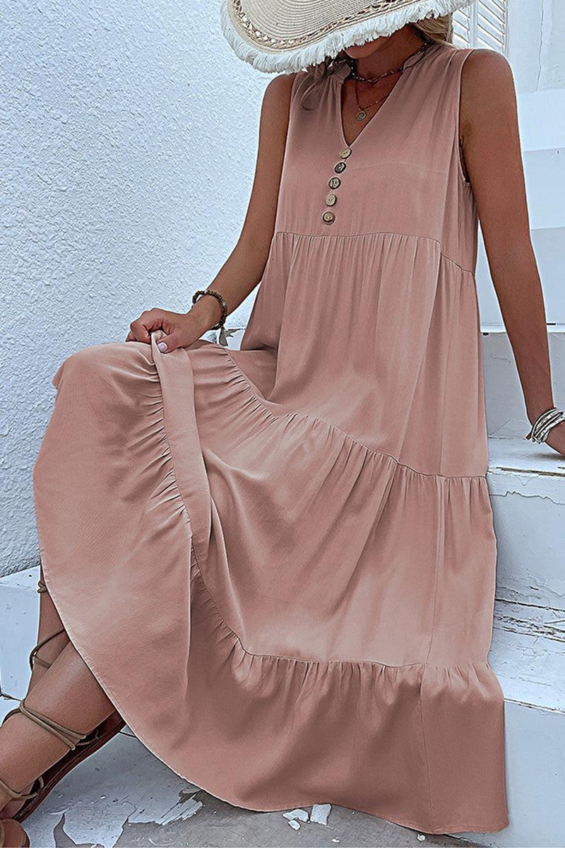 Bohemian tiered midi dress with v-neck button detail in soft dusty rose color, lightweight and flowy summer style