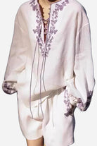 Lightweight 100 linen set with purple floral embroidery, loose fit top and shorts for breathable summer wear