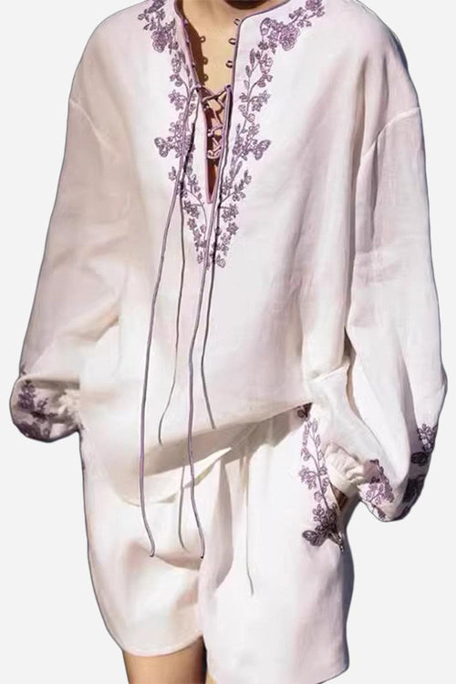 Lightweight 100 linen set with purple floral embroidery, loose fit top and shorts for breathable summer wear