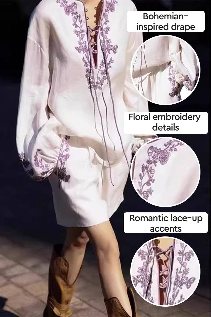 100% linen set with floral embroidery, bohemian-inspired drape, and romantic lace-up accents in white breathable fabric
