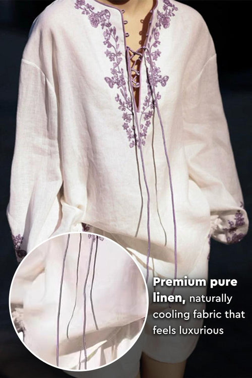 White 100% linen two-piece set with purple floral embroidery and loose fit design