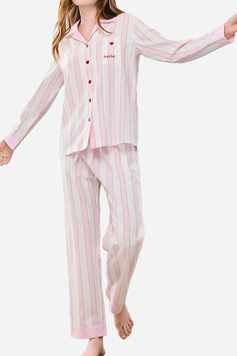 Premium moisture-wicking cotton-tencel pink striped pajama set for all-season comfort