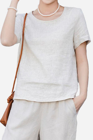 100 pure linen breathable classic relaxed-fit short sleeve shirt for women