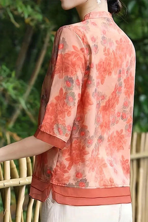 French boutique style organza blouse with elegant floral print and lightweight breathable fabric