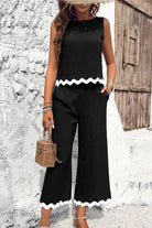 Black scalloped trim sleeveless top and wide leg pants set with pockets and elastic waistband