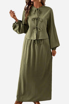Olive green 100% cotton long-sleeve crop top and maxi skirt set with tie-front detail