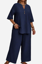 Navy wrinkle-free wide leg pants and button-front top set for comfortable elegant travel wear