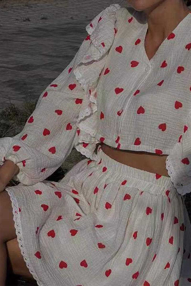 Sweet Countryside 100 Cotton ruffled two-piece set with red heart prints and breathable cotton fabric