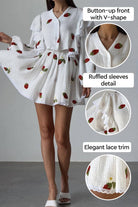 Sweet Countryside 100% cotton two-piece set with ruffled sleeves, button-up V-neck top, and lace-trimmed skirt featuring strawberry print