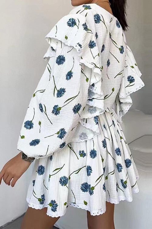 Sweet Countryside 100% cotton ruffled two-piece set with blue floral print and relaxed fit