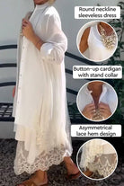 Woman wearing Villa Breeze Dress and Cardigan Set with round neckline sleeveless dress, button-up cardigan with stand collar, and asymmetrical lace hem design in white
