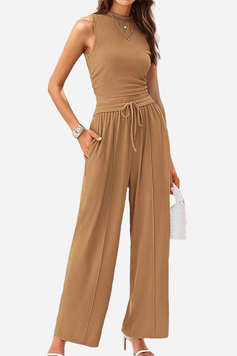 Woman wearing brown Stroll & Hangout Ribbed Knit sleeveless top and wide-leg pants two-piece set with drawstring waist.