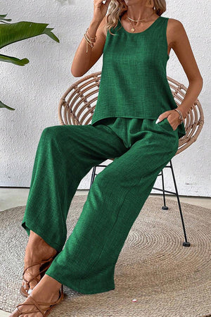 Green Dreamcatcher Crochet-Back two-piece set with sleeveless top and wide-leg palazzo pants