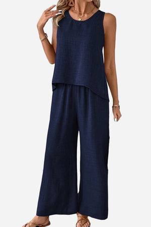 Women's navy Dreamcatcher Crochet-Back two-piece set with sleeveless top and wide-leg palazzo pants
