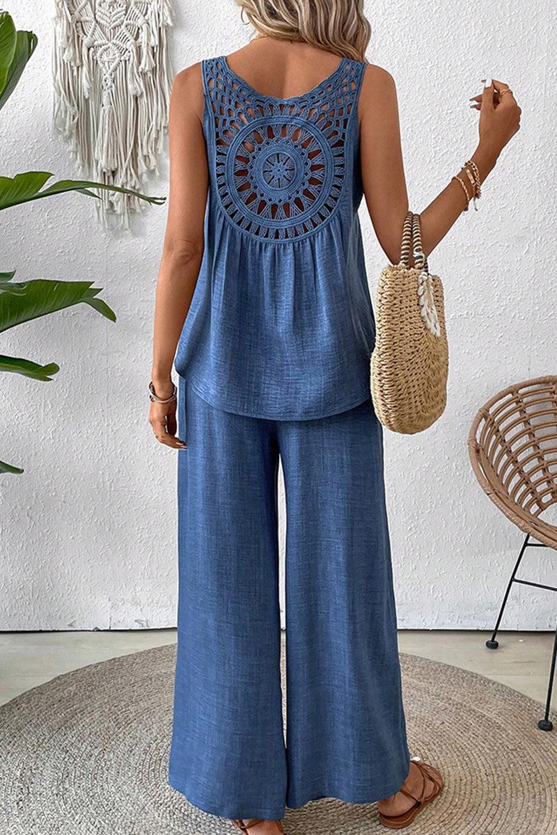 Women's blue Dreamcatcher Crochet-Back sleeveless top and wide-leg palazzo pants two-piece set