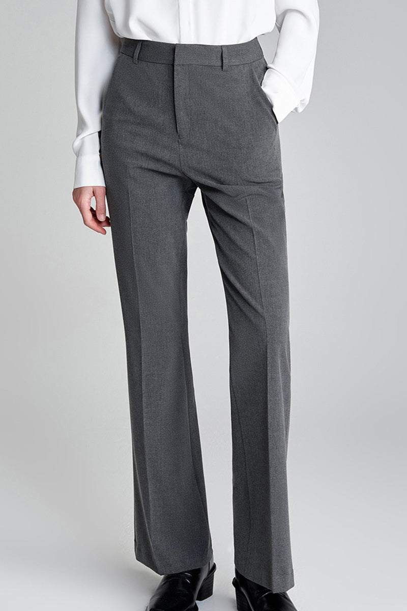 Women's grey professional retro stretch trousers with high-waisted, straight-leg fit and tailored look