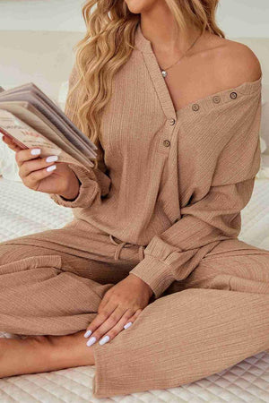 Woman wearing beige Desert Bloom Ribbed Comfort Set with ribbed texture, relaxed fit, and button details, sitting and reading a book.