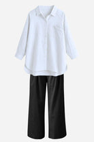 White linen-cotton blend relaxed shirt with black palazzo pants, breathable summer Linen Breeze Set.