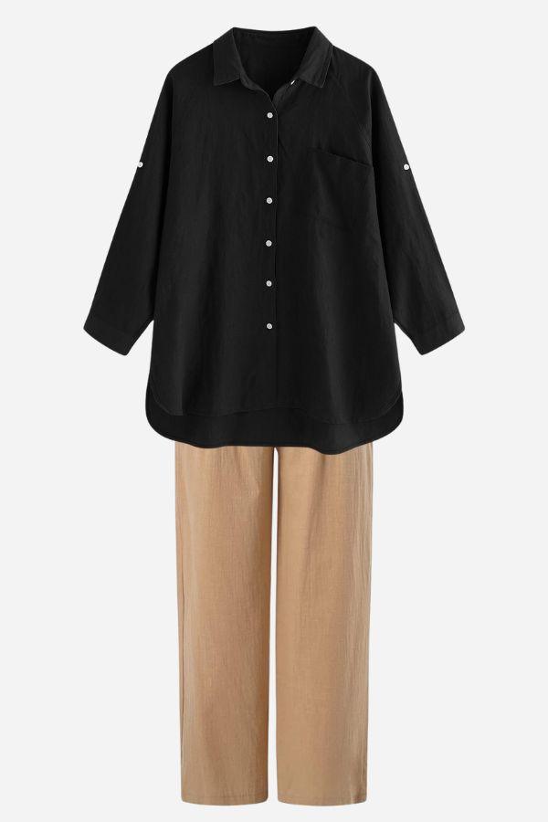linen breeze set with black linen-cotton long sleeve shirt and beige breathable pants summer outfit