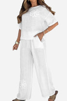 White Riviera Petal two piece set with breathable fabric and floral embroidery design